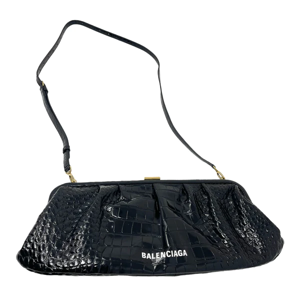 NEW Balenciaga Black Cloud XL Crocodile Pattern Leather Clutch Crossbody Bag — view 4