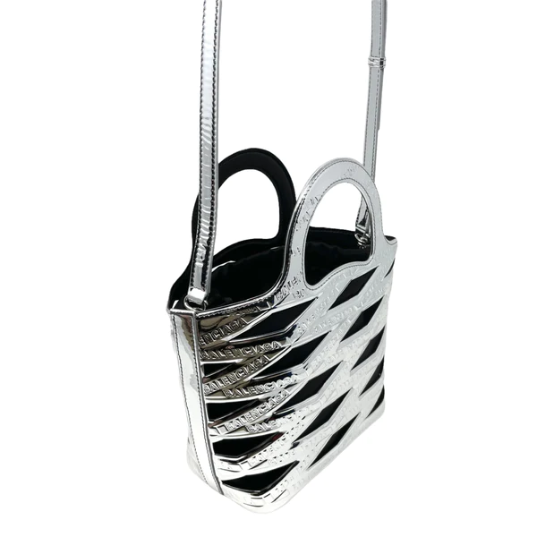 NEW Balenciaga Metallic Silver Small Neo Basket Embossed Logo Leather Handbag Satchel Crossbody Bag