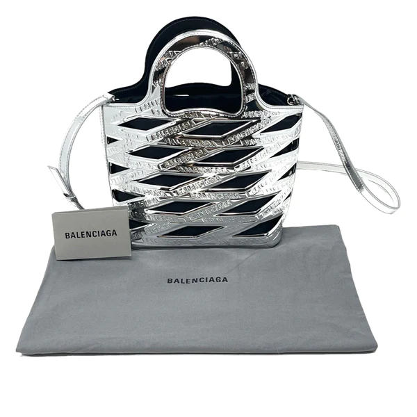 NEW Balenciaga Metallic Silver Small Neo Basket Embossed Logo Leather Handbag Satchel Crossbody Bag — view 4