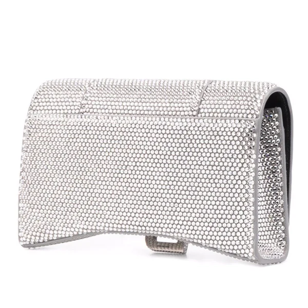 NEW Balenciaga Silver Hourglass Suede Leather Rhinestone Crossbody Shoulder Bag