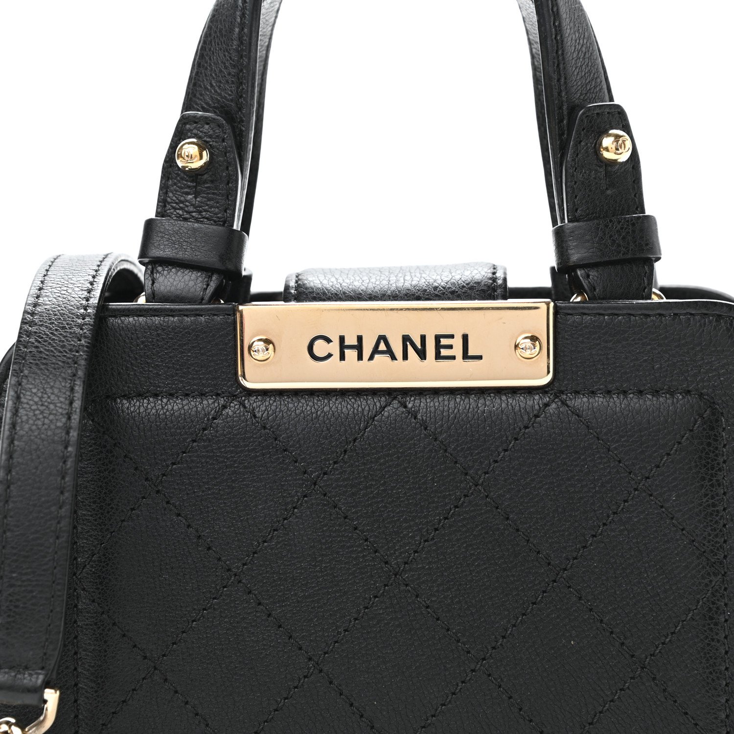 Chanel Grained Calfskin Stitched Mini Label Click Shopper Tote Black — view 3
