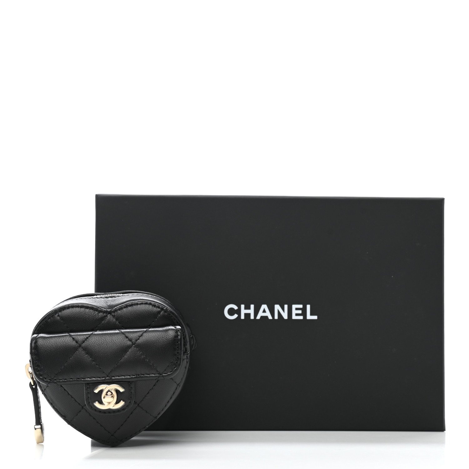 Chanel Lambskin Quilted CC In Love Heart Zipped Arm Coin Purse Black