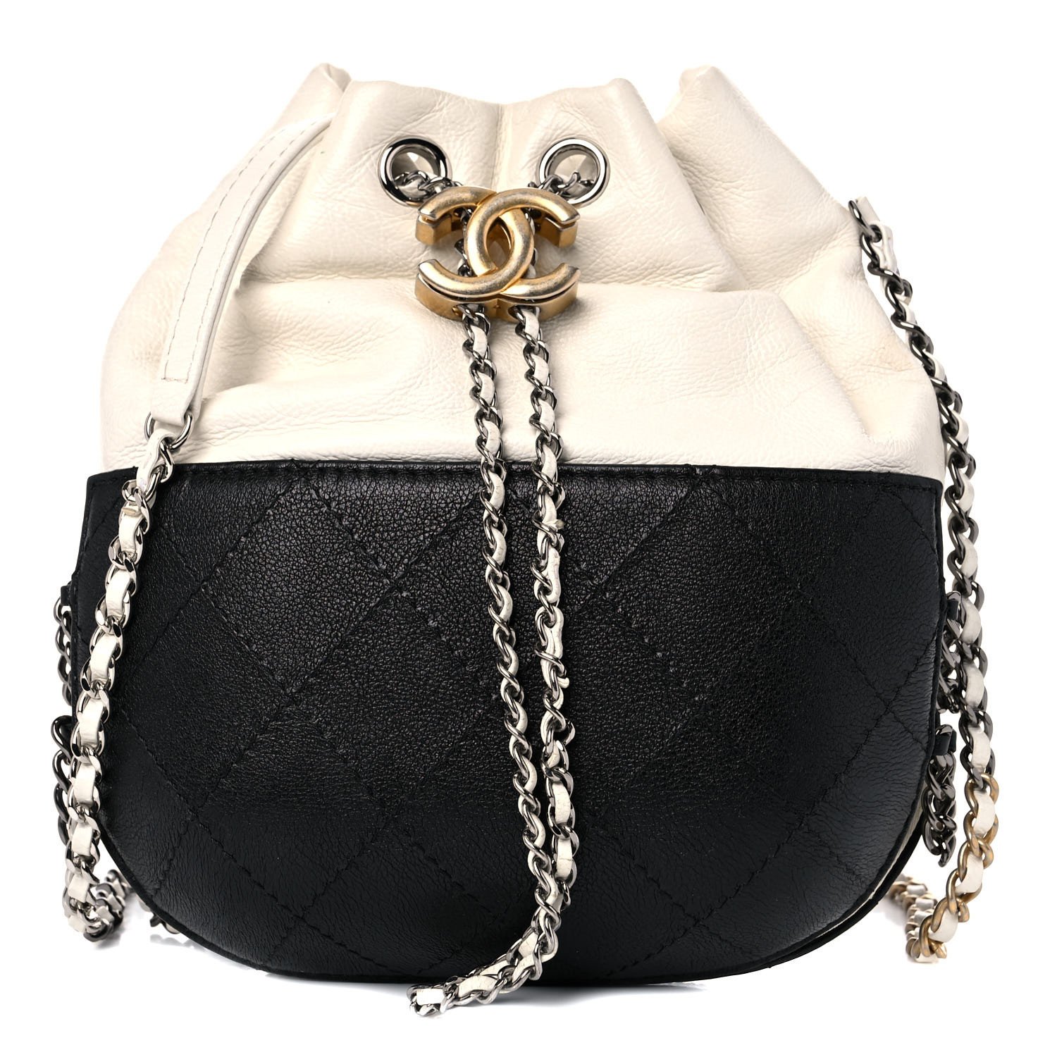 Chanel Aged Calfskin Quilted Small Gabrielle Bucket White Black