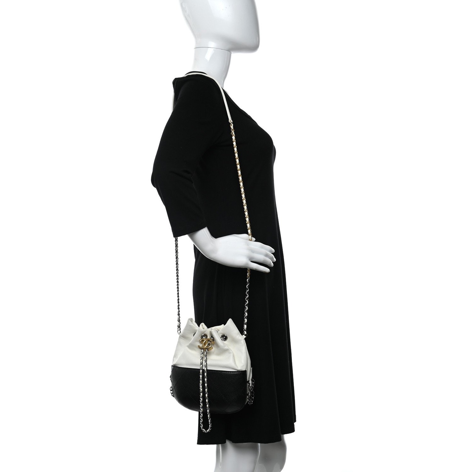 Chanel Aged Calfskin Quilted Small Gabrielle Bucket White Black — view 4