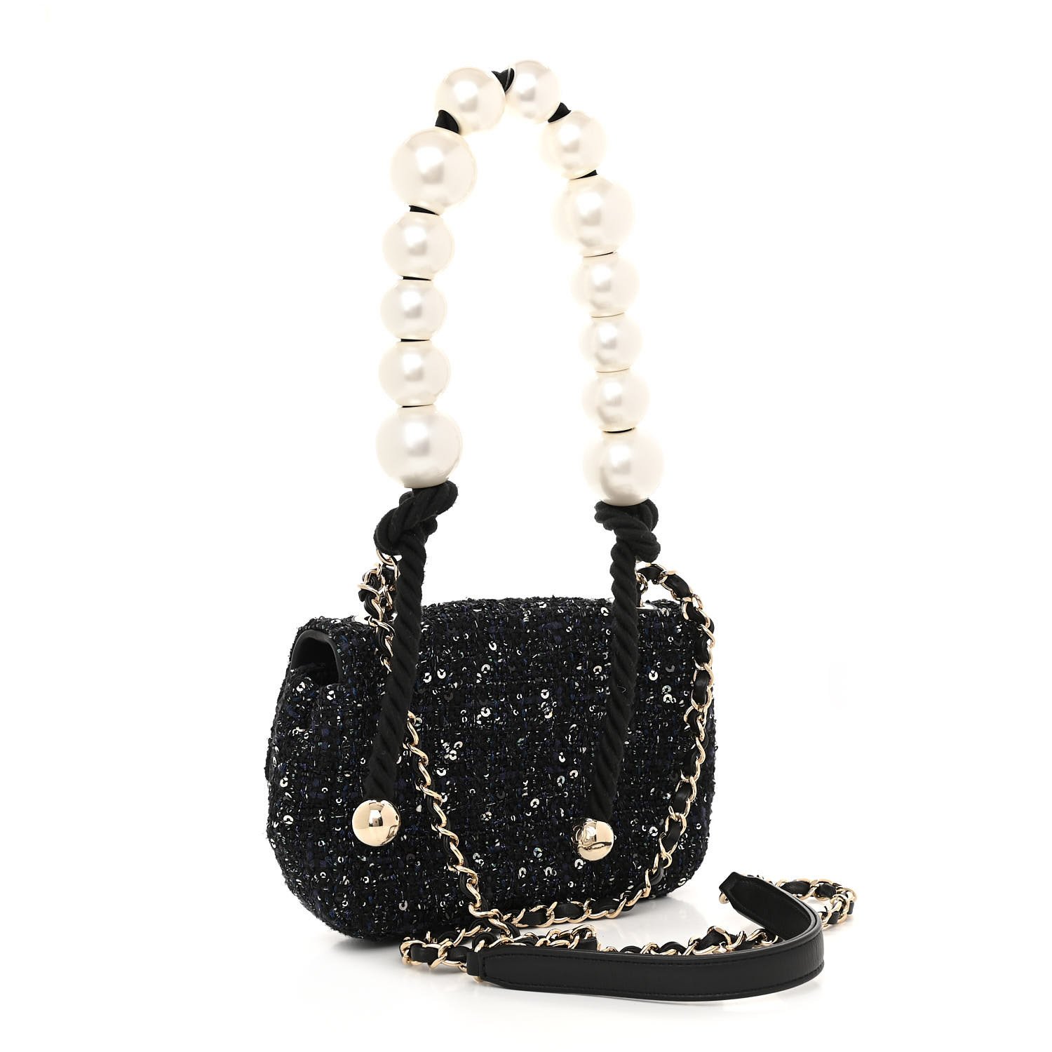 Chanel Tweed Mini Pearl Handle Flap Navy Green Black Ecru — view 2