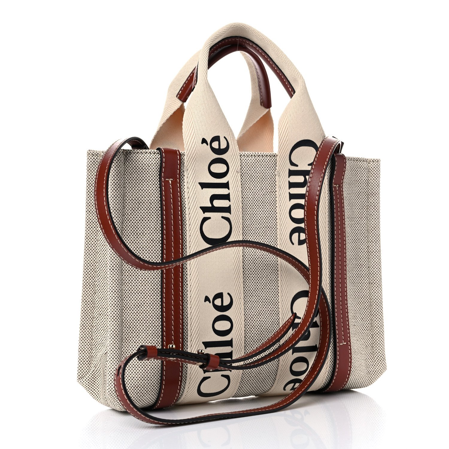 Chloe Cotton Calfskin Small Woody Ribbon Tote With Strap White Brown — view 2