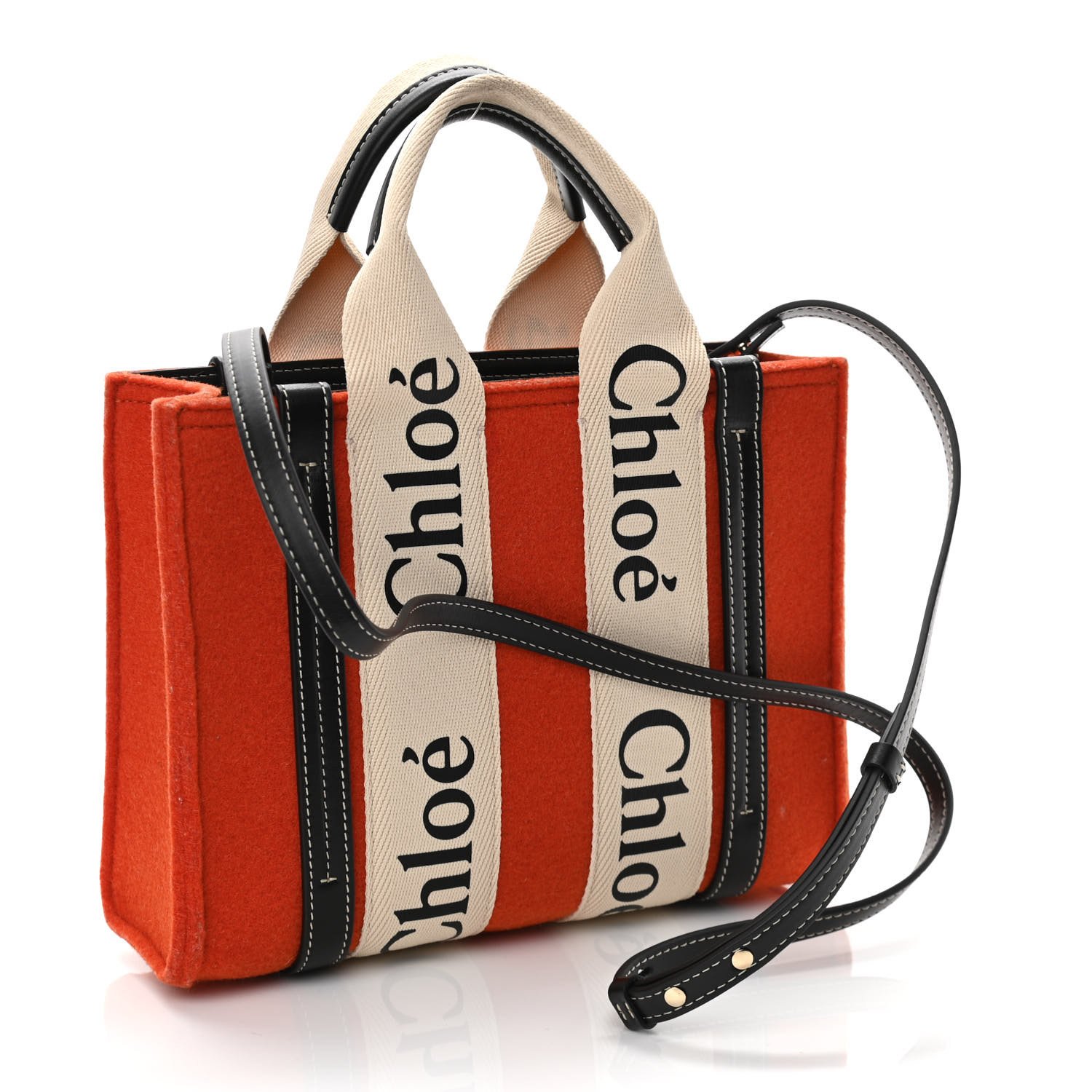 Chloe Felt Calfskin Small Woody Ribbon Tote With Strap Orange — view 3