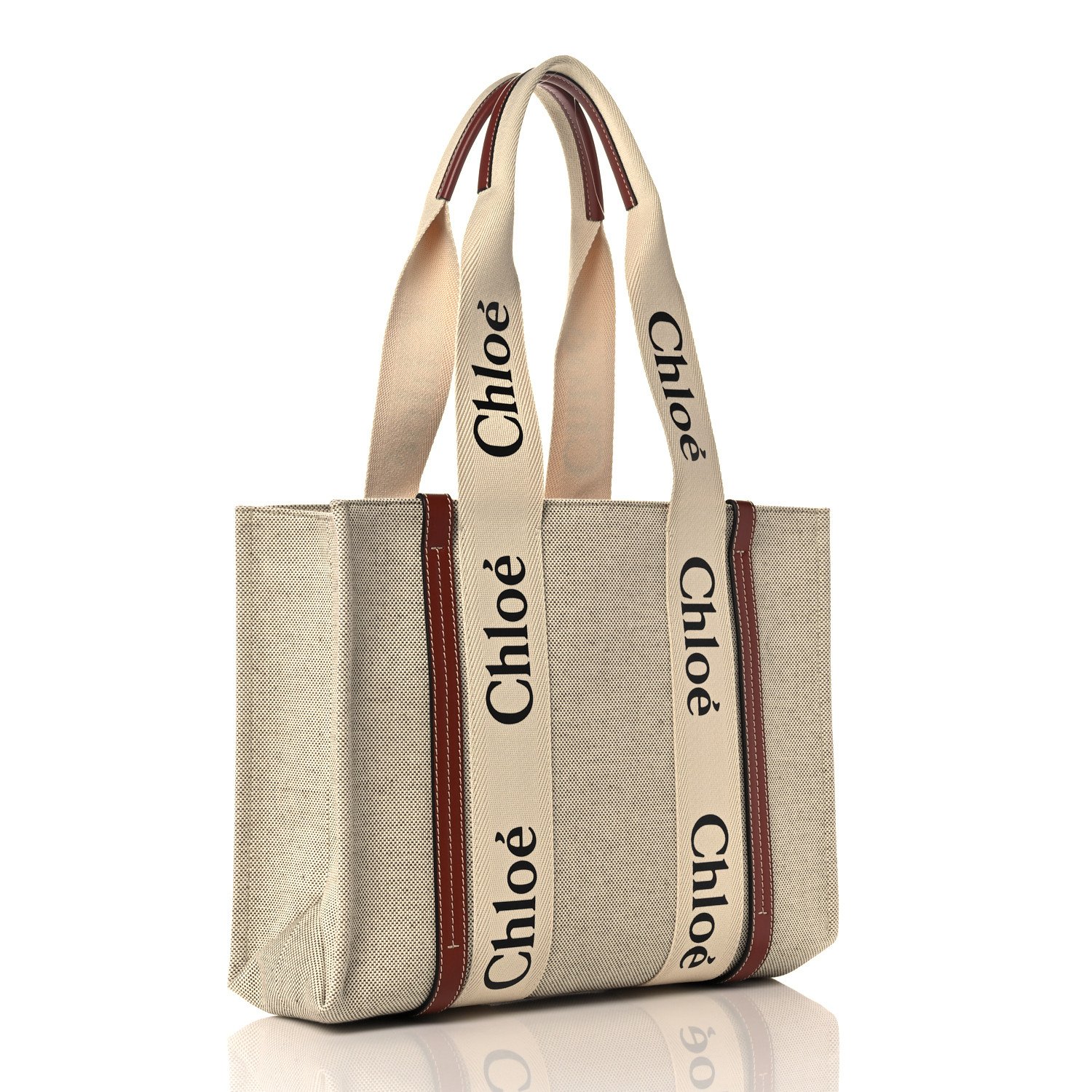 Chloe Cotton Calfskin Medium Woody Ribbon Tote White Brown — view 2