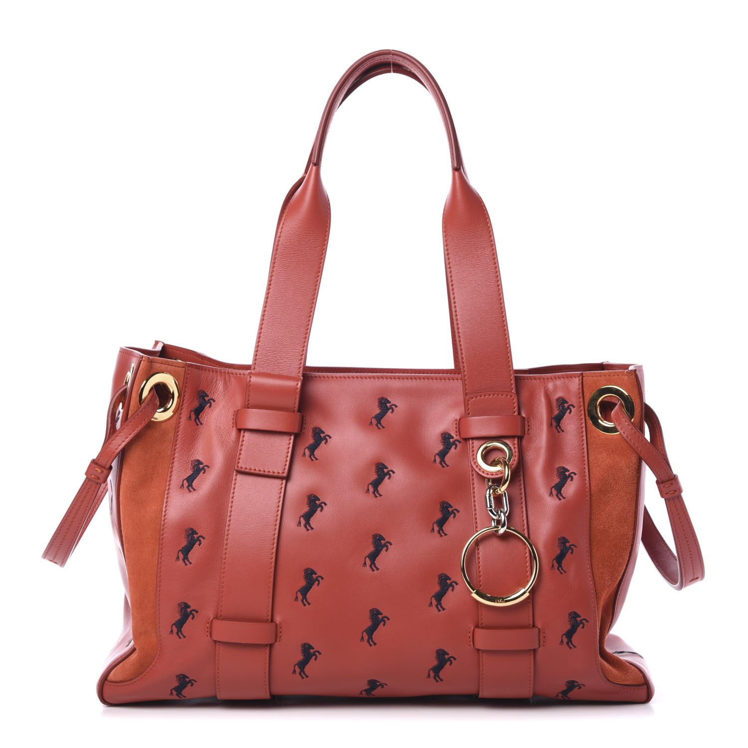 Chloe Smooth Calfskin Little Horses Embroidered Tao Zipped Tote Earthy Red