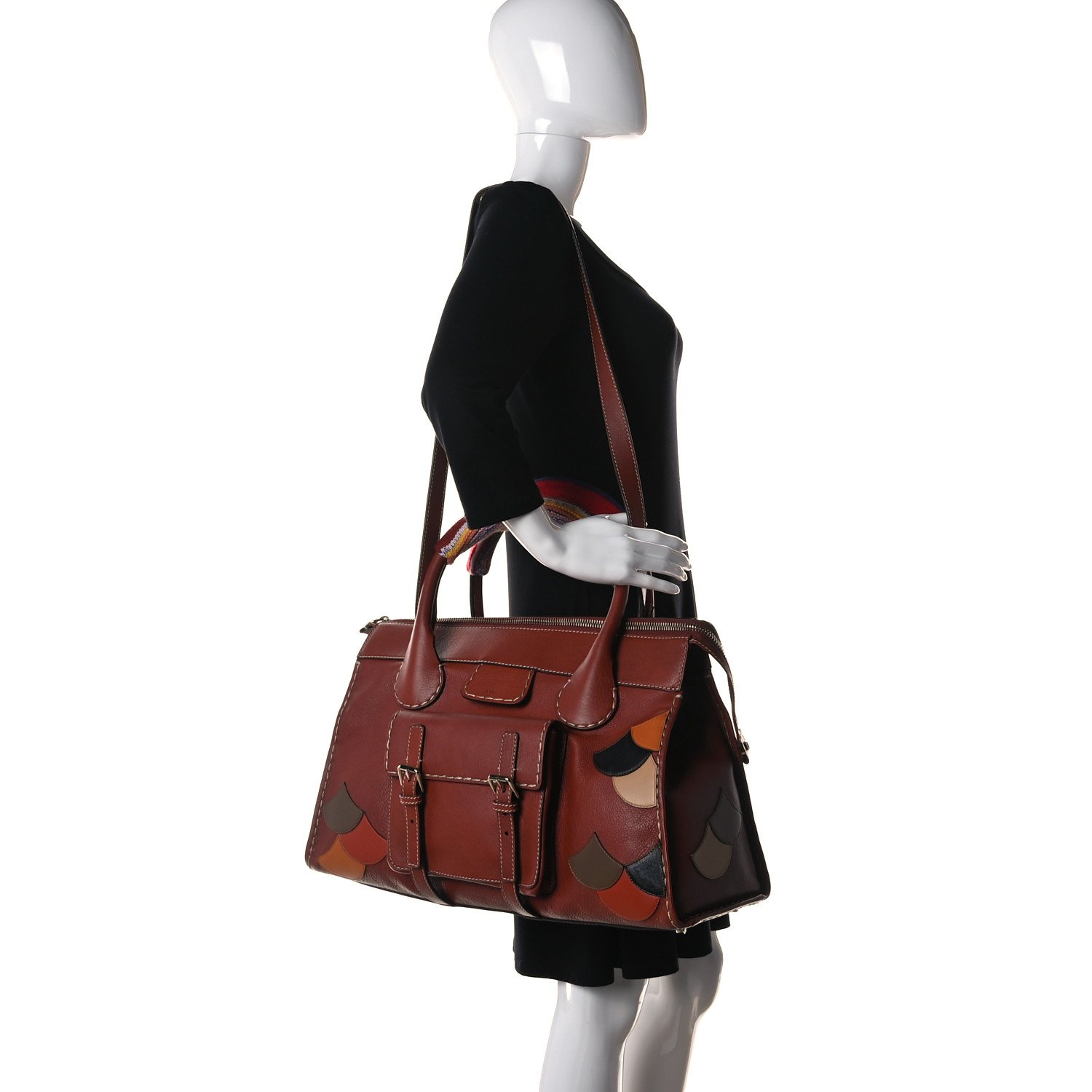 Chloe Buffalo Leather Recycled Cashmere Scallop Patches Large Edith Day Bag Sepia Multicolor — view 3