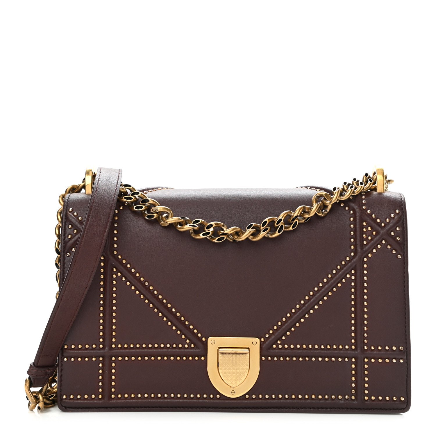 Christian Dior Calfskin Studded Medium Diorama Flap Bag Burgundy