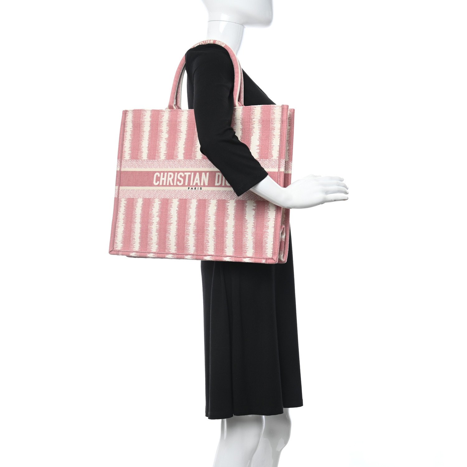 Christian Dior Canvas Embroidered Large Striped Book Tote Pink — view 4