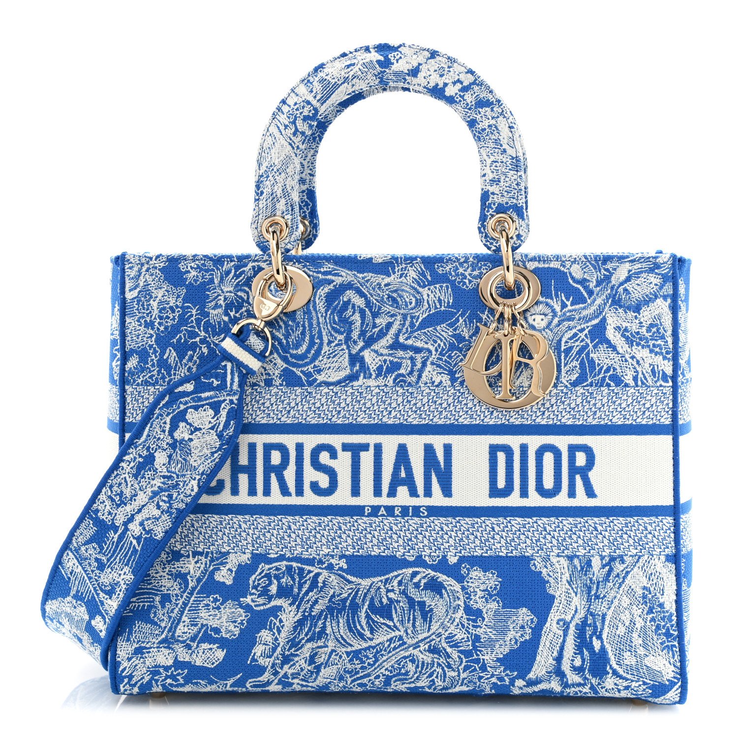 Christian Dior Toile de Jouy Embroidered Medium Lady D-Lite Fluorescent Blue