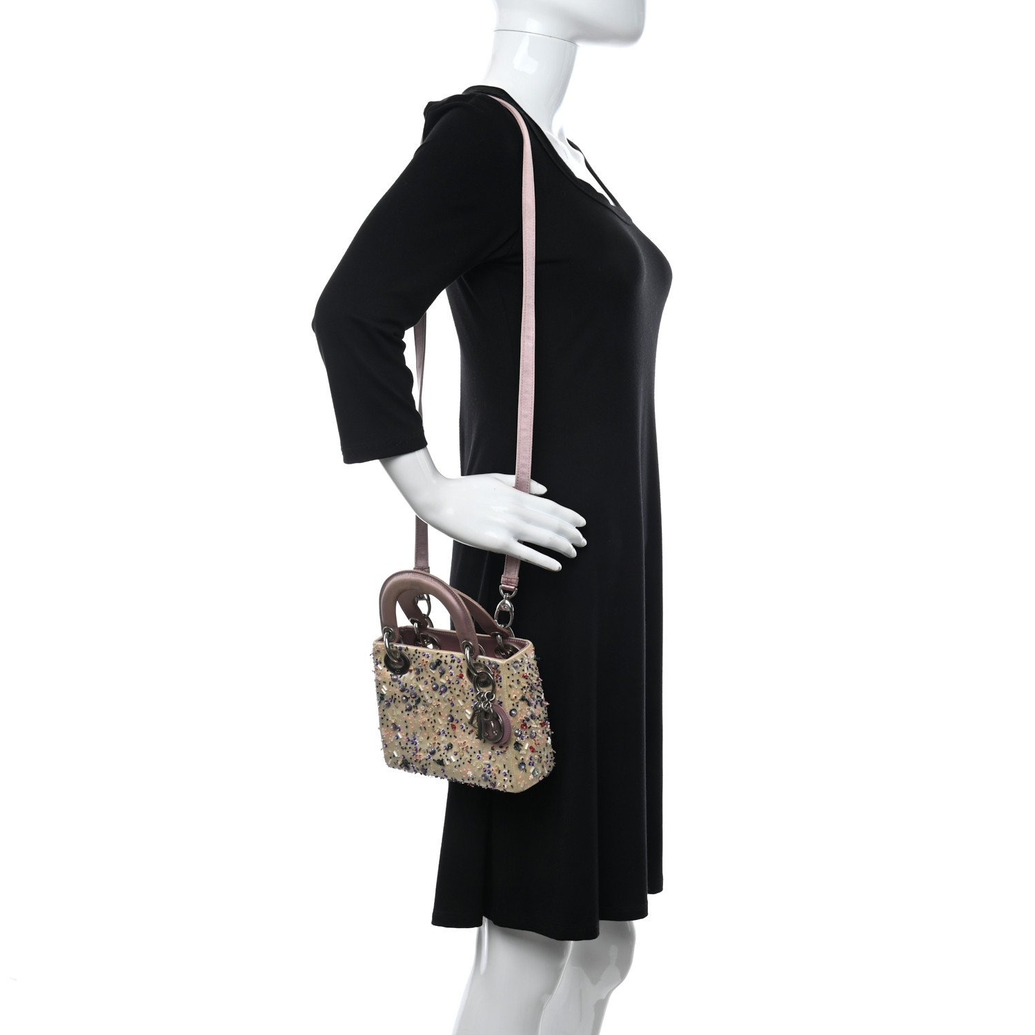 Christian Dior Satin Embroidered Beaded Mini Lady Dior Pink Multicolor