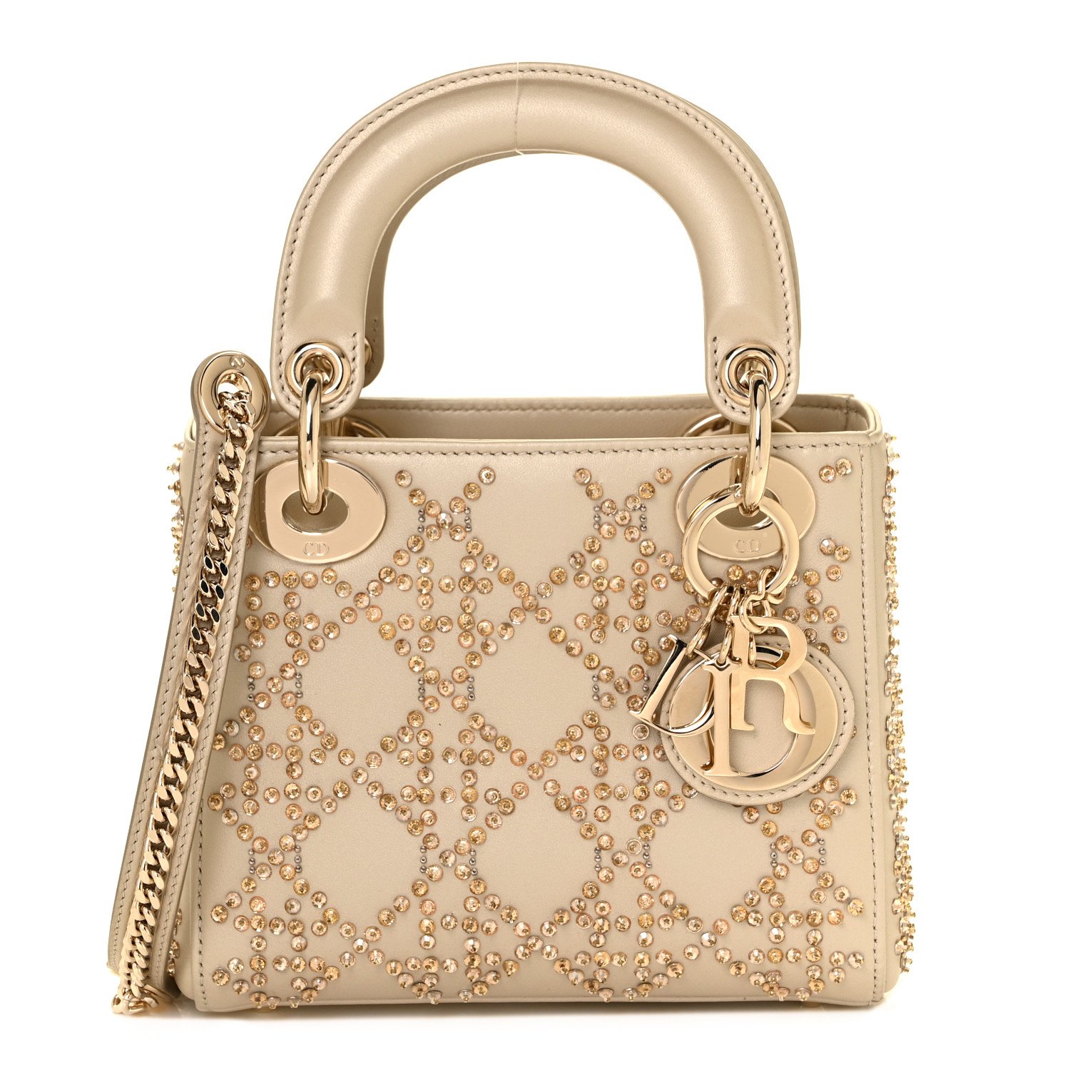 Christian Dior Metallic Lambskin Crystal Cannage Mini Lady Dior Platinum