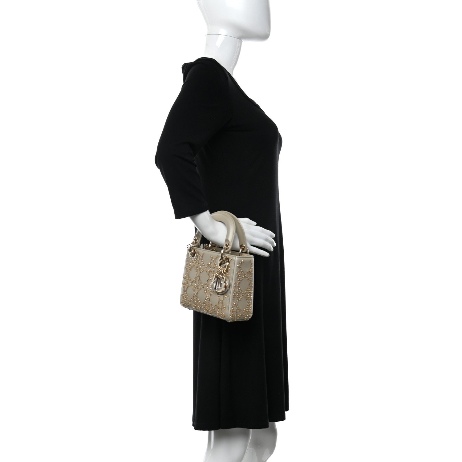 Christian Dior Metallic Lambskin Crystal Cannage Mini Lady Dior Platinum — view 3