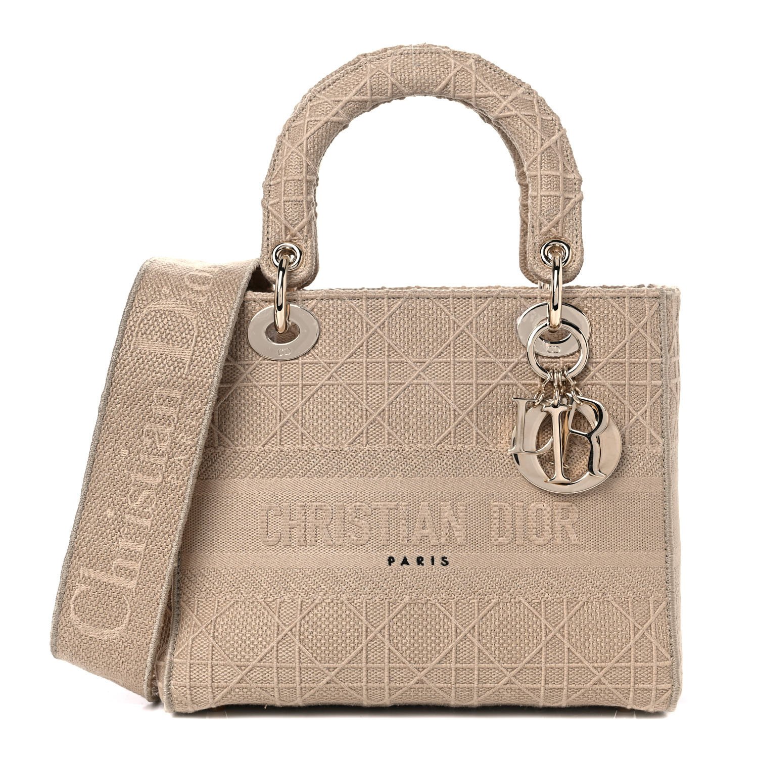 Christian Dior Canvas Embroidered Medium Lady D-Lite Beige