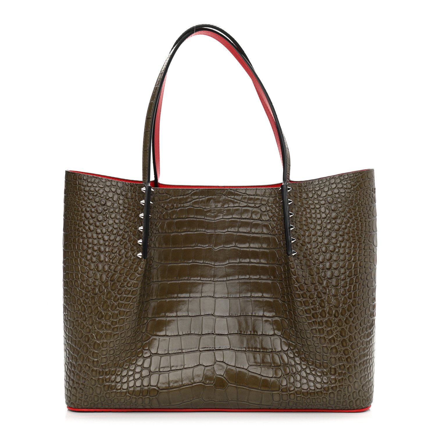 Christian Louboutin Crocodile Embossed Calfskin Spiked Large Cabarock Shopper Tote Silex