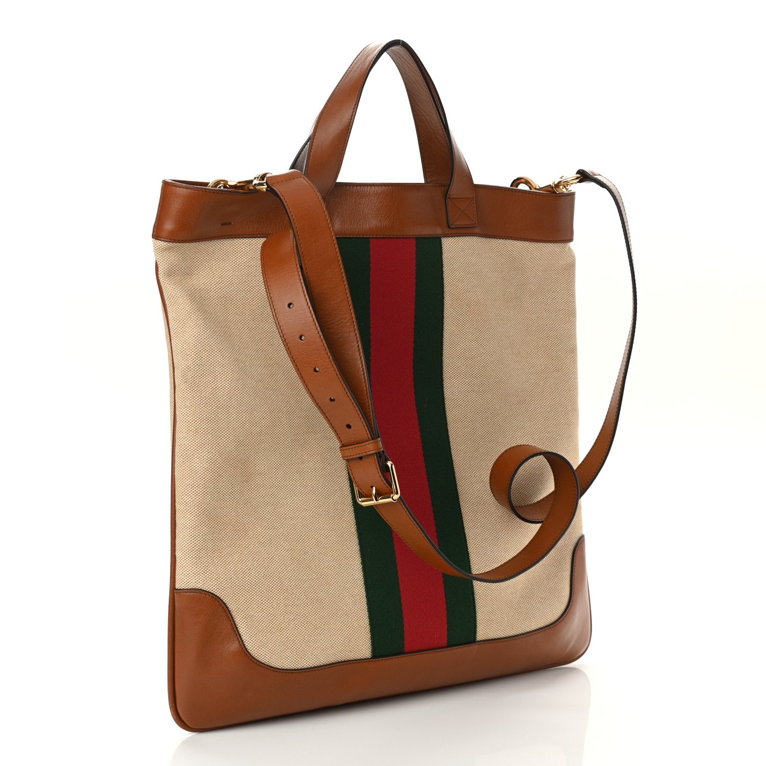 Gucci Vintage Canvas Calfskin Web Flat Tote Sand Light Cuir — view 2