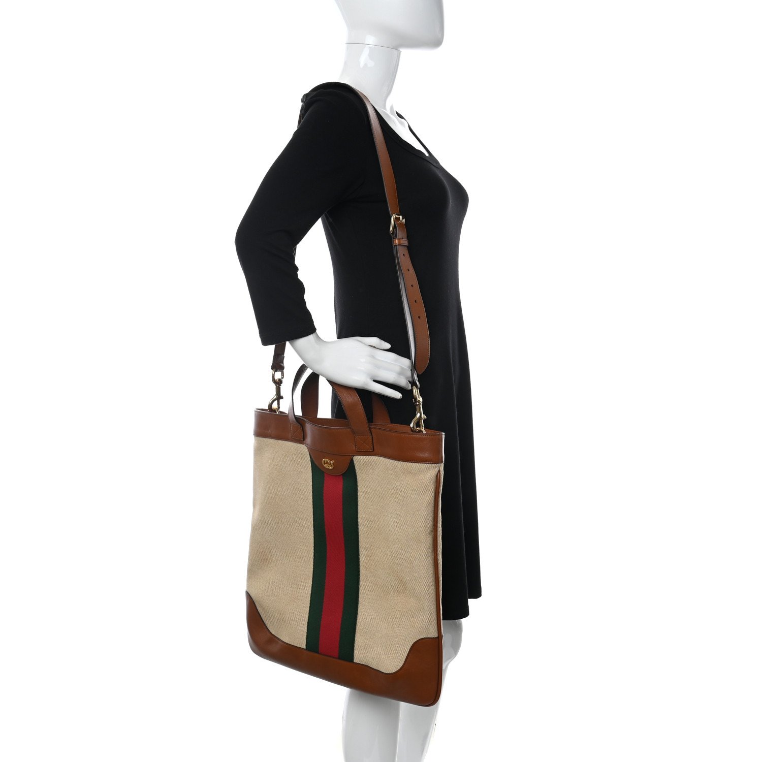 Gucci Vintage Canvas Calfskin Web Flat Tote Sand Light Cuir — view 3