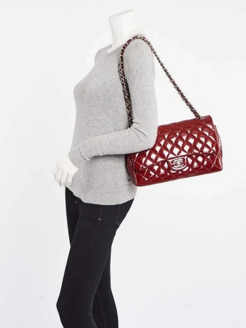 Chanel Red Quilted Patent Leather Classic Jumbo Double Flap Bag — view 2