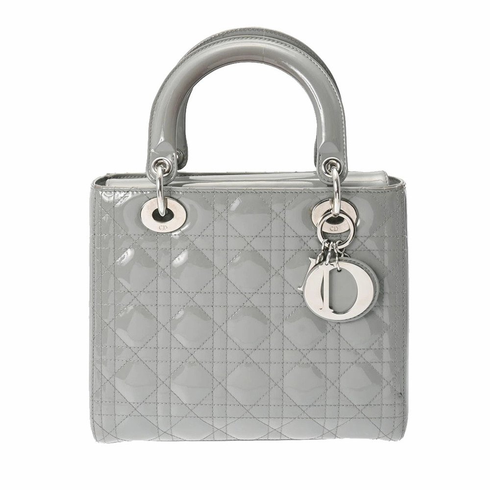 Christian Dior Lady Dior | Gray Enamel Patent Leather Handbag