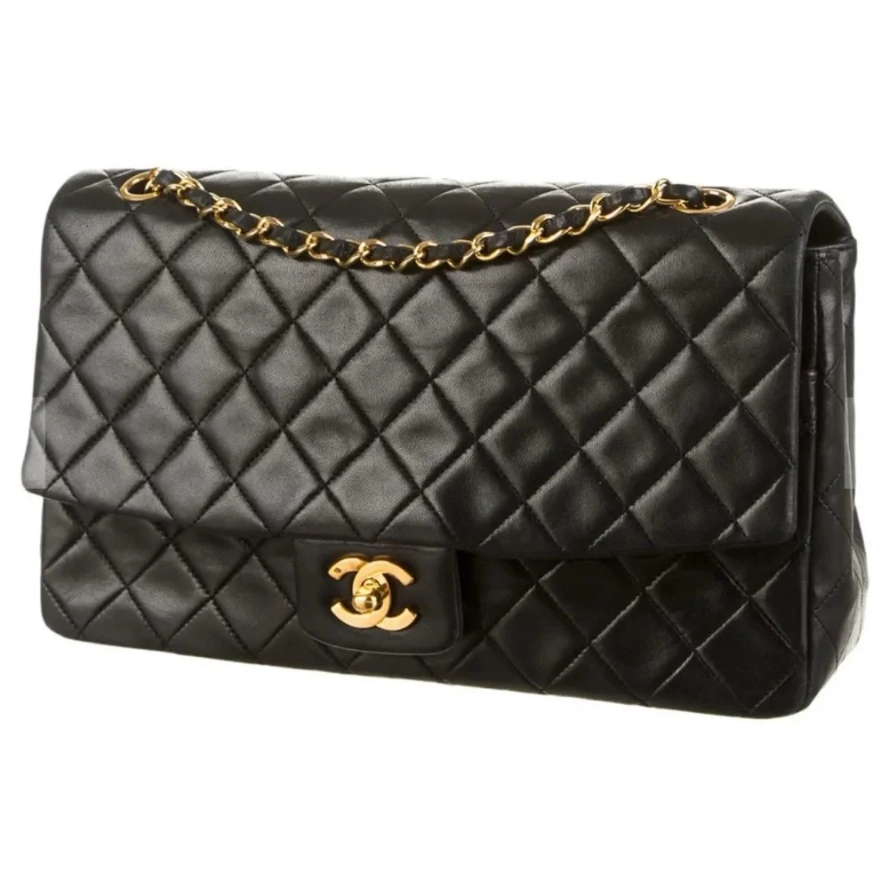 CHANEL Vintage CC Single Flap Bag Lambskin 24K Gold Black Karl Lagerfeld