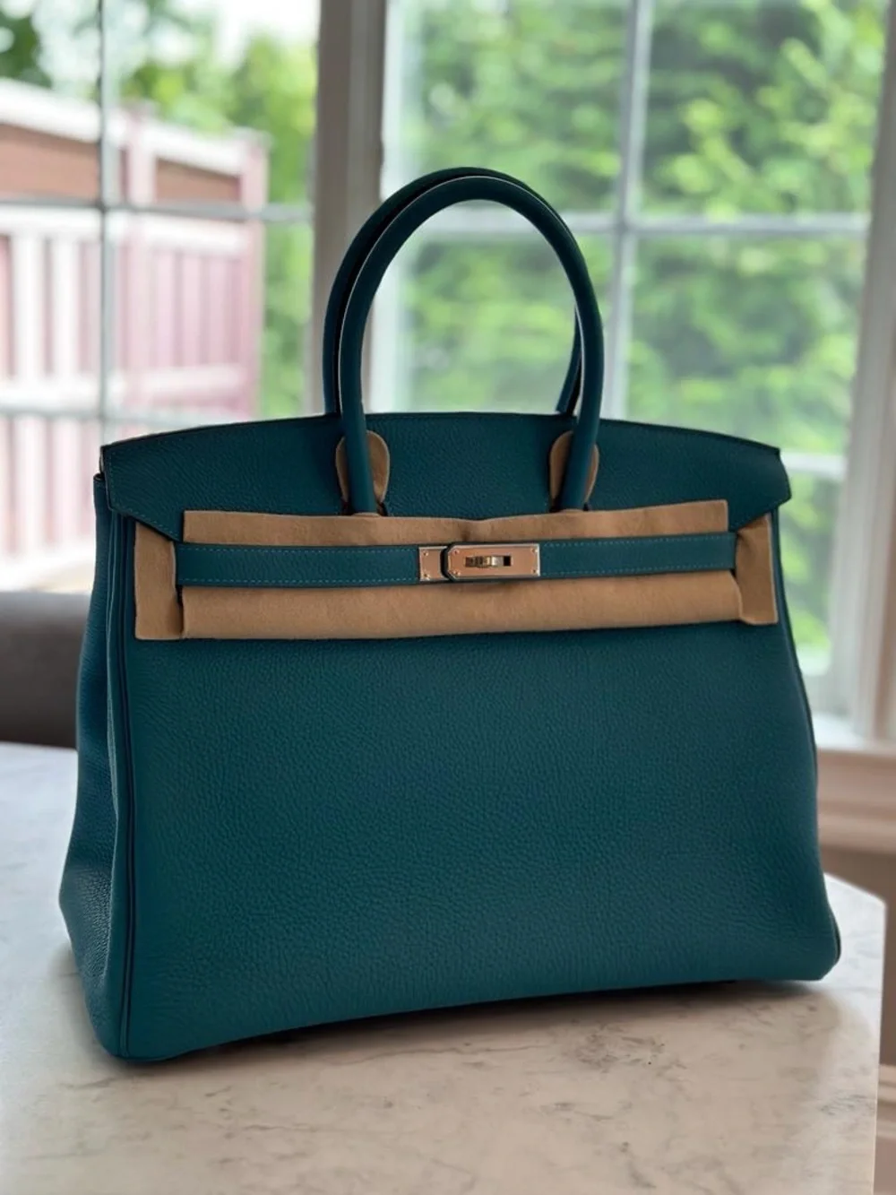 Hermes Birkin 35 in Turquoise Togo Palladium hardware — view 2