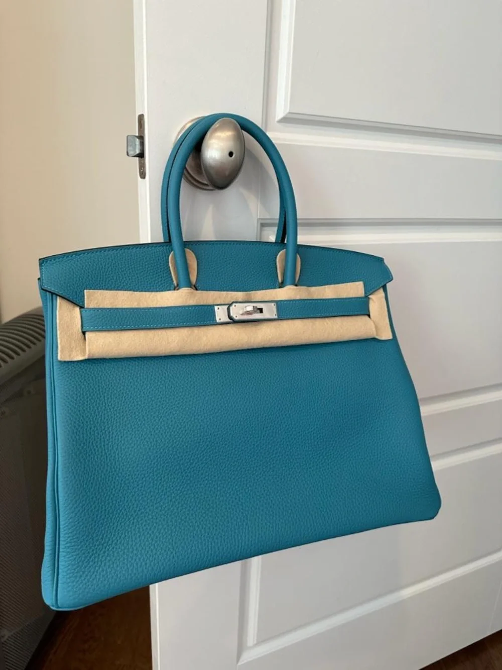 Hermes Birkin 35 in Turquoise Togo Palladium hardware — view 4