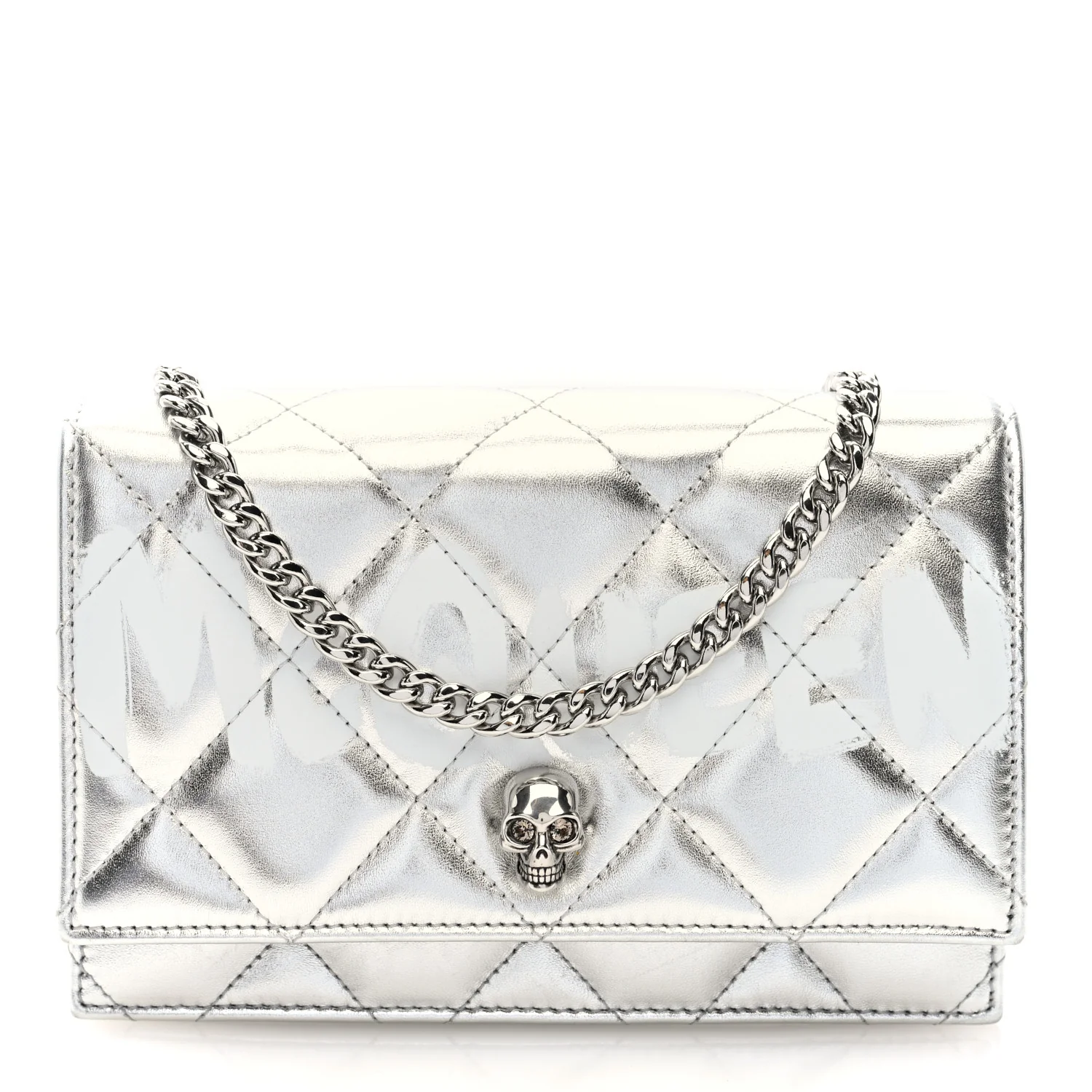 Alexander McQueen Metallic Calfskin Quilted Graffiti Skull Small Chain Crossbody Bag Silver