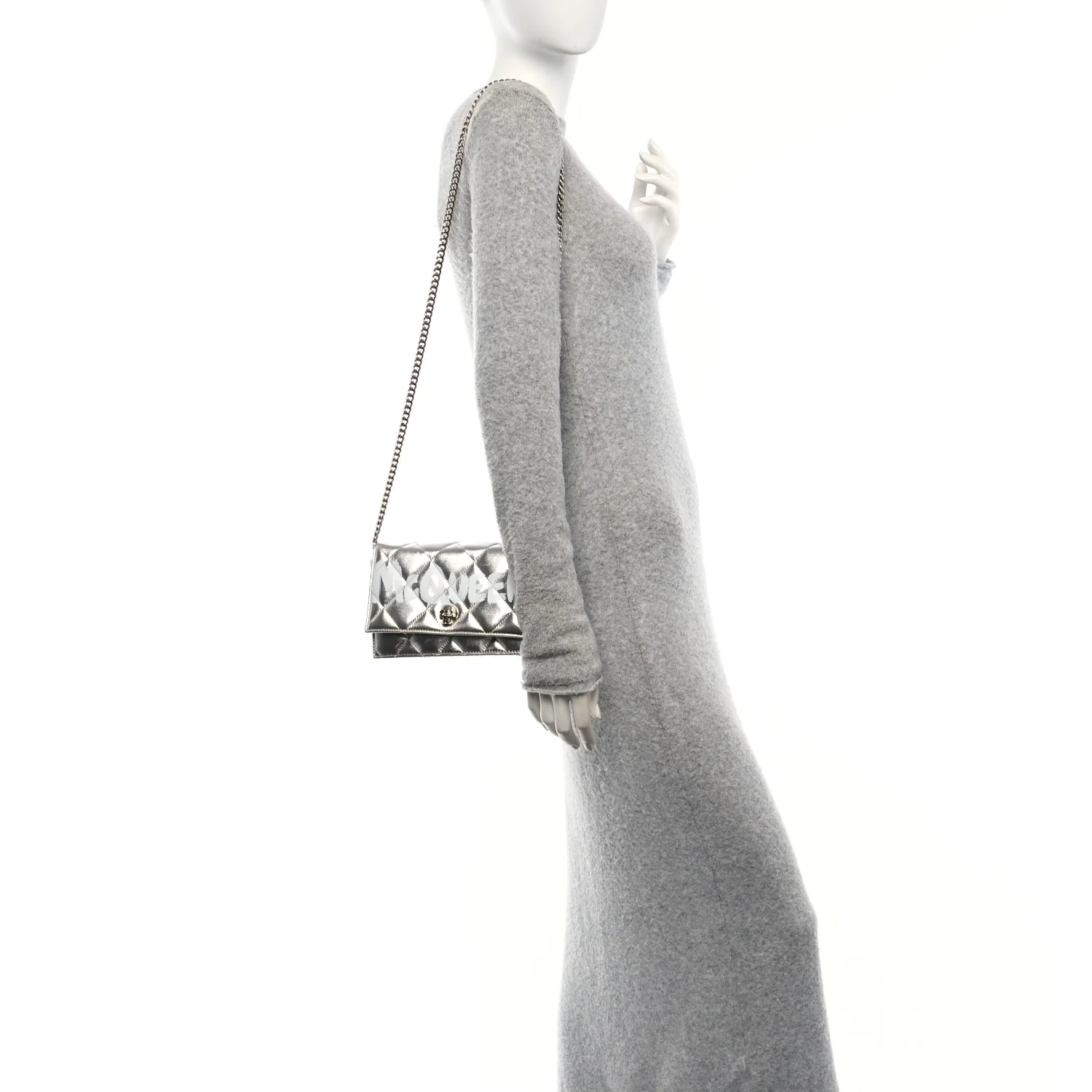 Alexander McQueen Metallic Calfskin Quilted Graffiti Skull Small Chain Crossbody Bag Silver — view 2