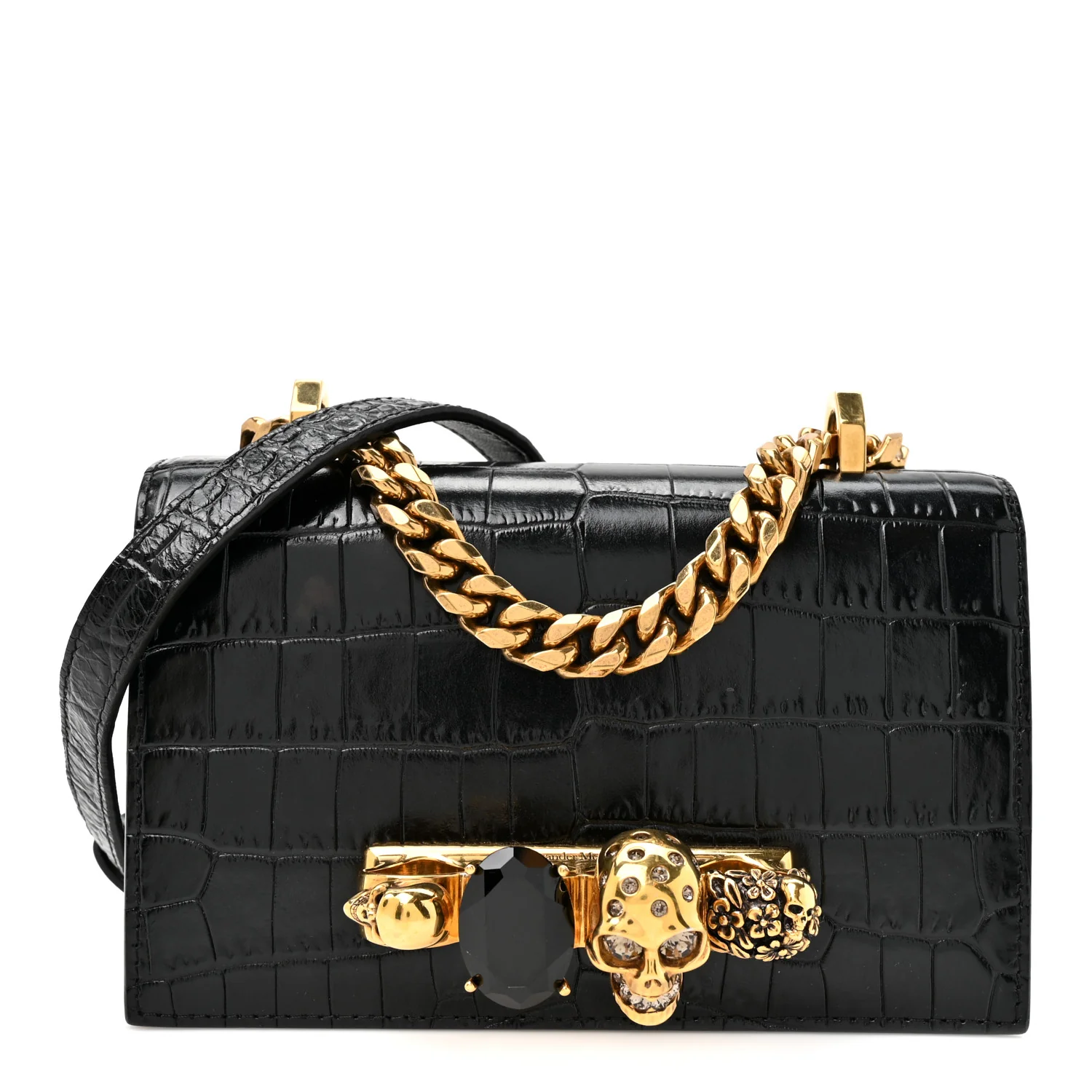 Alexander McQueen Shiny Crocodile Embossed Jeweled Satchel Black