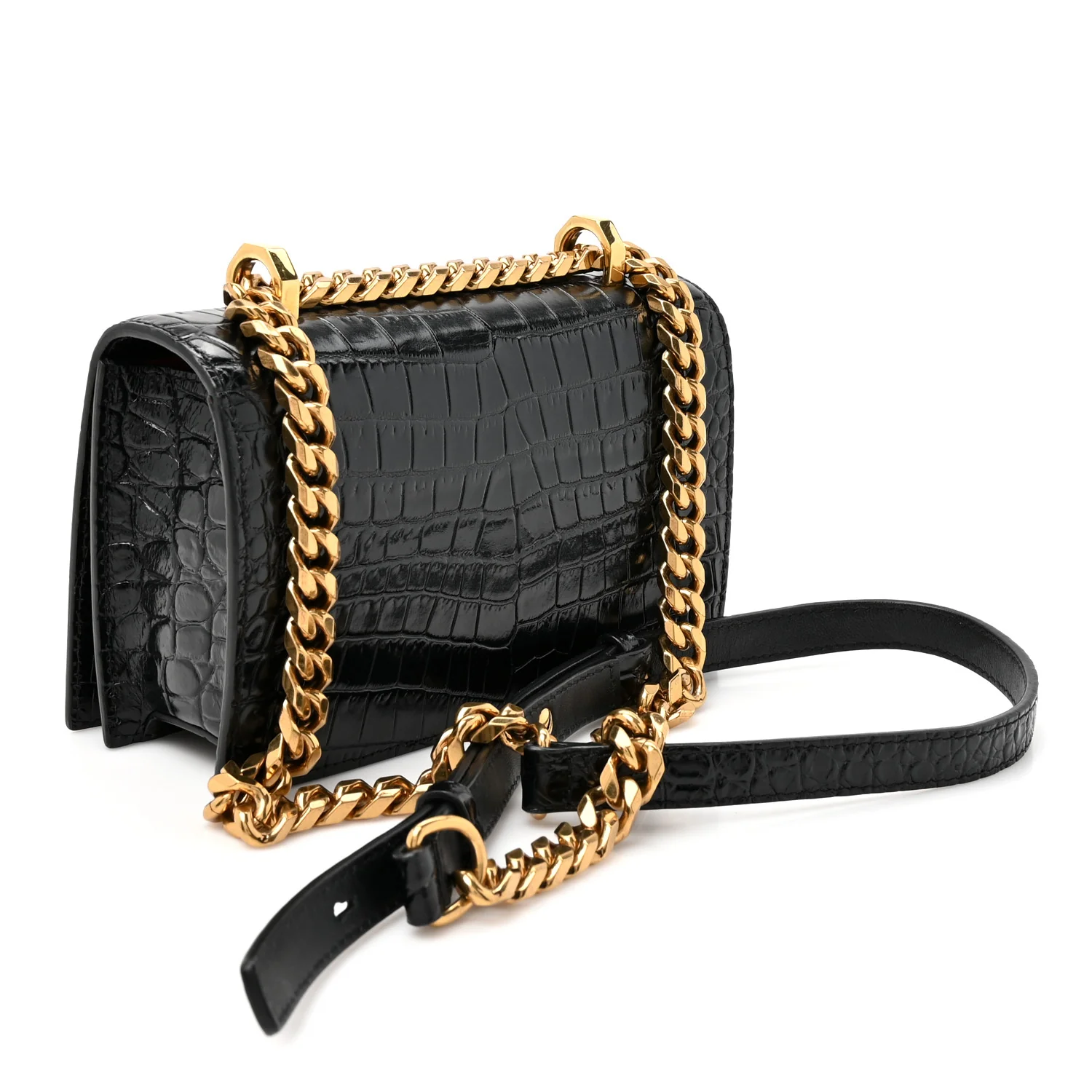 Alexander McQueen Shiny Crocodile Embossed Jeweled Satchel Black — view 3