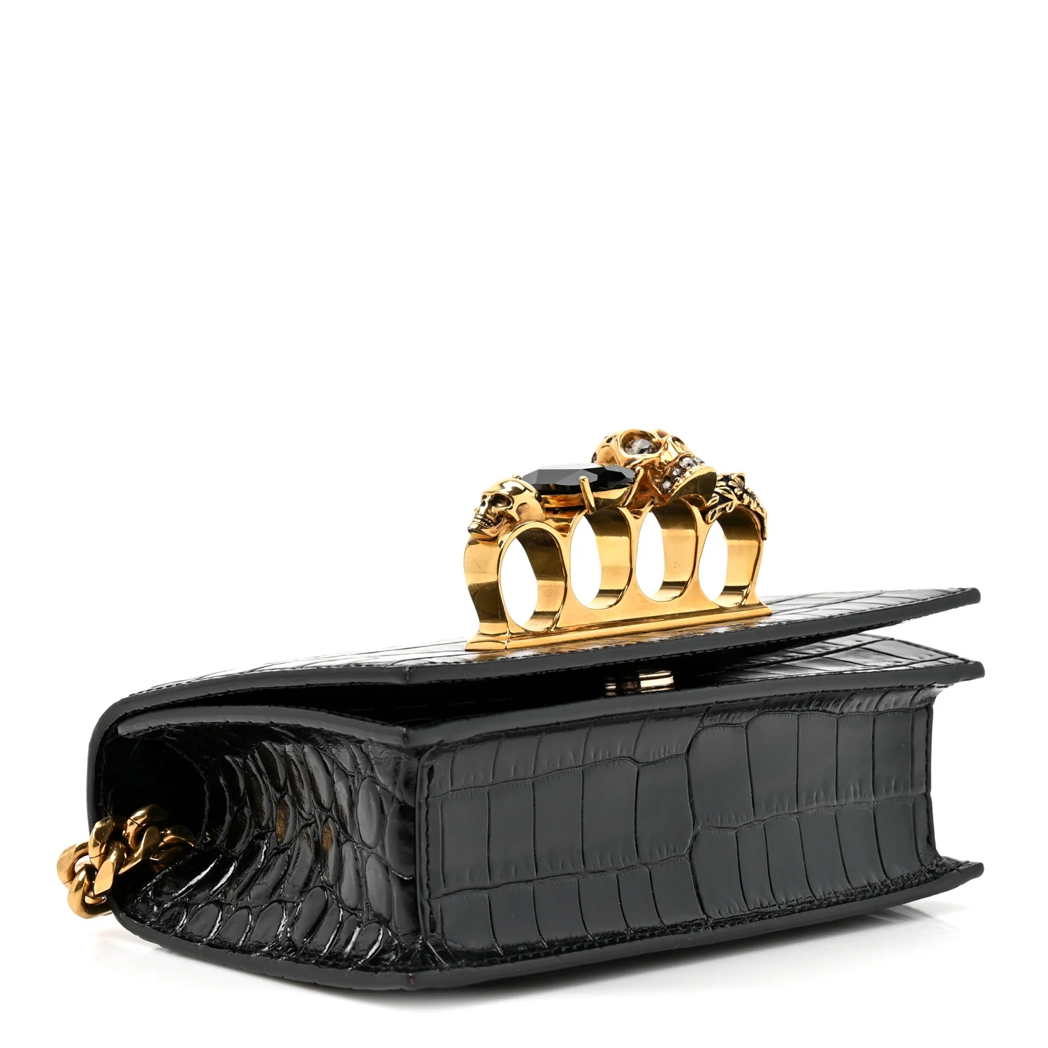 Alexander McQueen Shiny Crocodile Embossed Jeweled Satchel Black — view 4