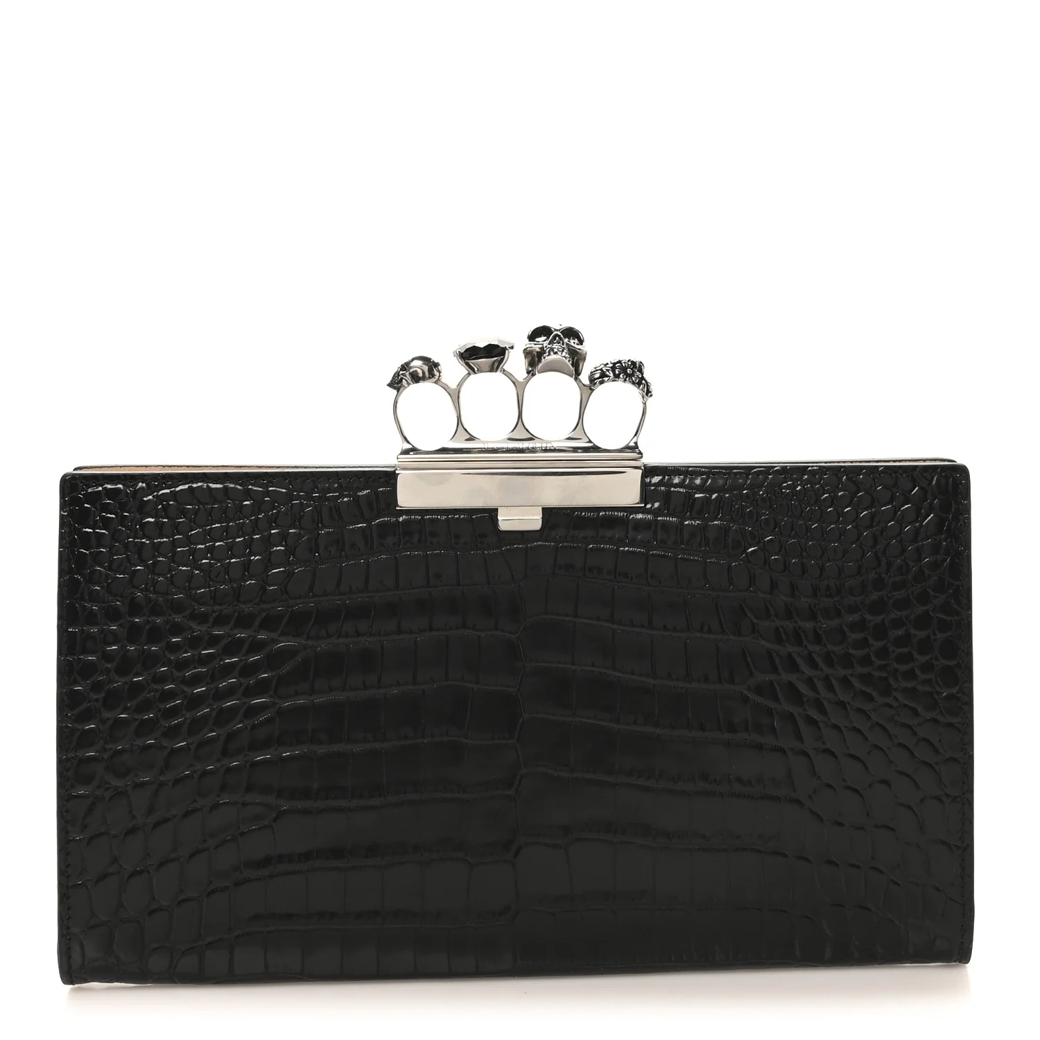 Alexander McQueen Calfskin Crocodile Embossed Knuckle Flat Clutch Black