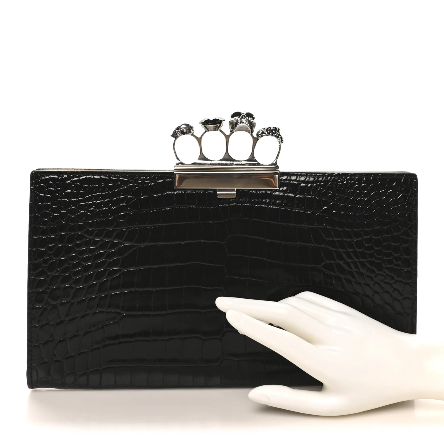 Alexander McQueen Calfskin Crocodile Embossed Knuckle Flat Clutch Black — view 2