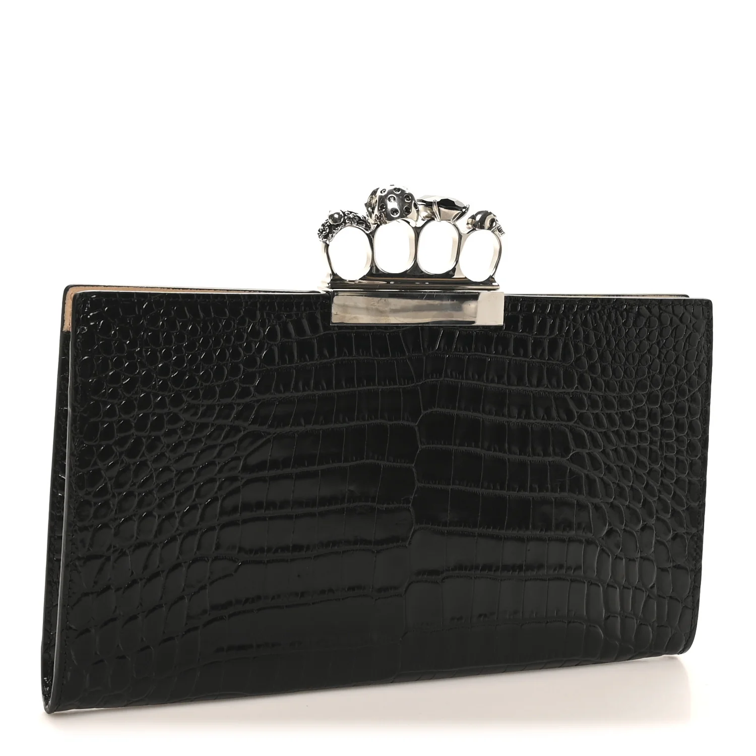 Alexander McQueen Calfskin Crocodile Embossed Knuckle Flat Clutch Black — view 3