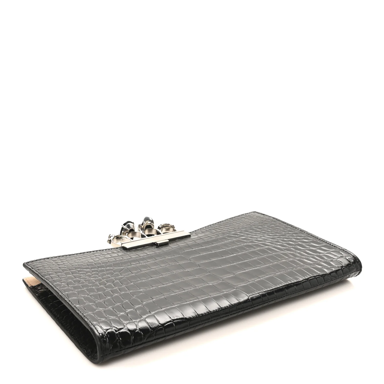 Alexander McQueen Calfskin Crocodile Embossed Knuckle Flat Clutch Black — view 4