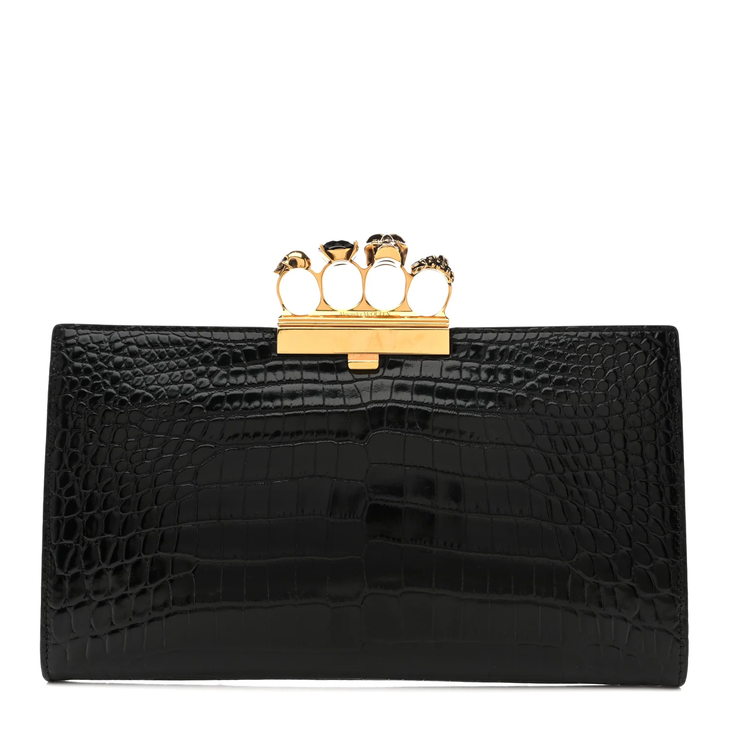 Alexander McQueen Calfskin Crocodile Embossed Knuckle Flat Clutch Black Gold