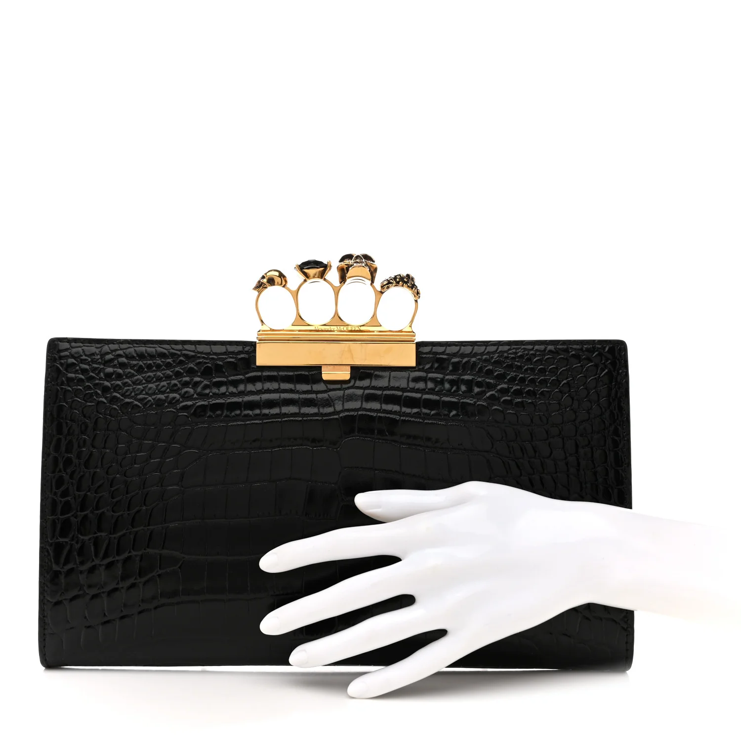 Alexander McQueen Calfskin Crocodile Embossed Knuckle Flat Clutch Black Gold — view 2