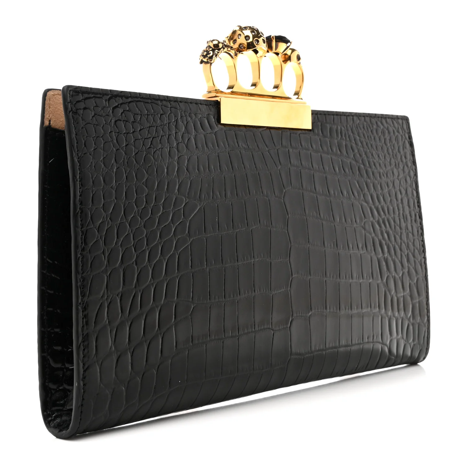 Alexander McQueen Calfskin Crocodile Embossed Knuckle Flat Clutch Black Gold — view 3