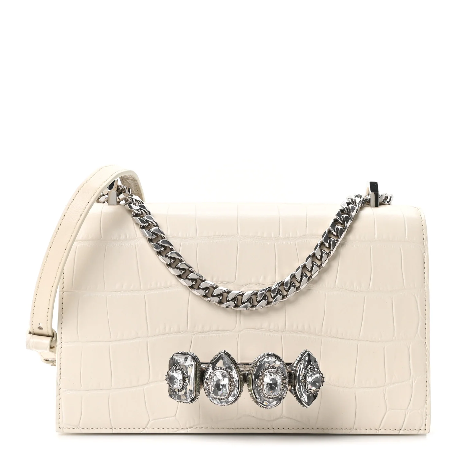 Alexander McQueen Shiny Calfskin Crocodile Embossed Knuckle Jeweled Crossbody White