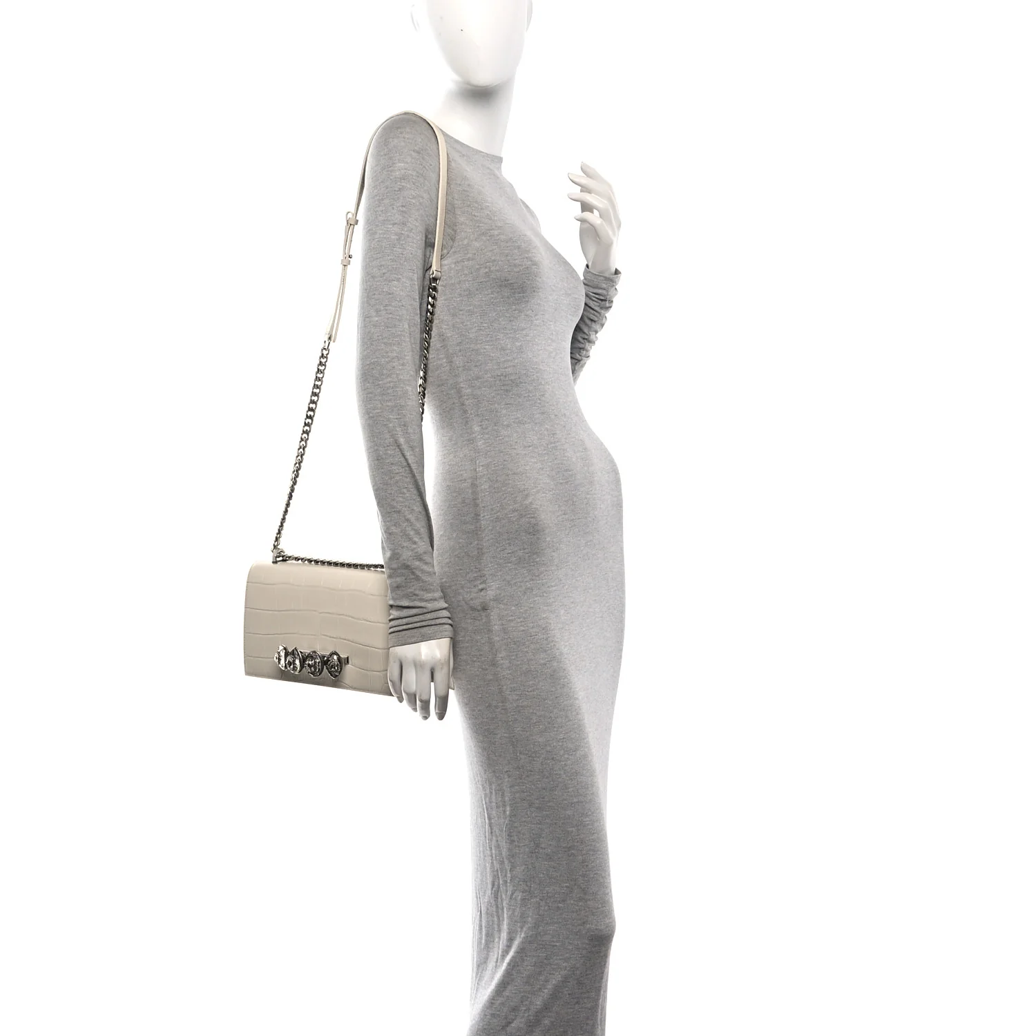 Alexander McQueen Shiny Calfskin Crocodile Embossed Knuckle Jeweled Crossbody White — view 2