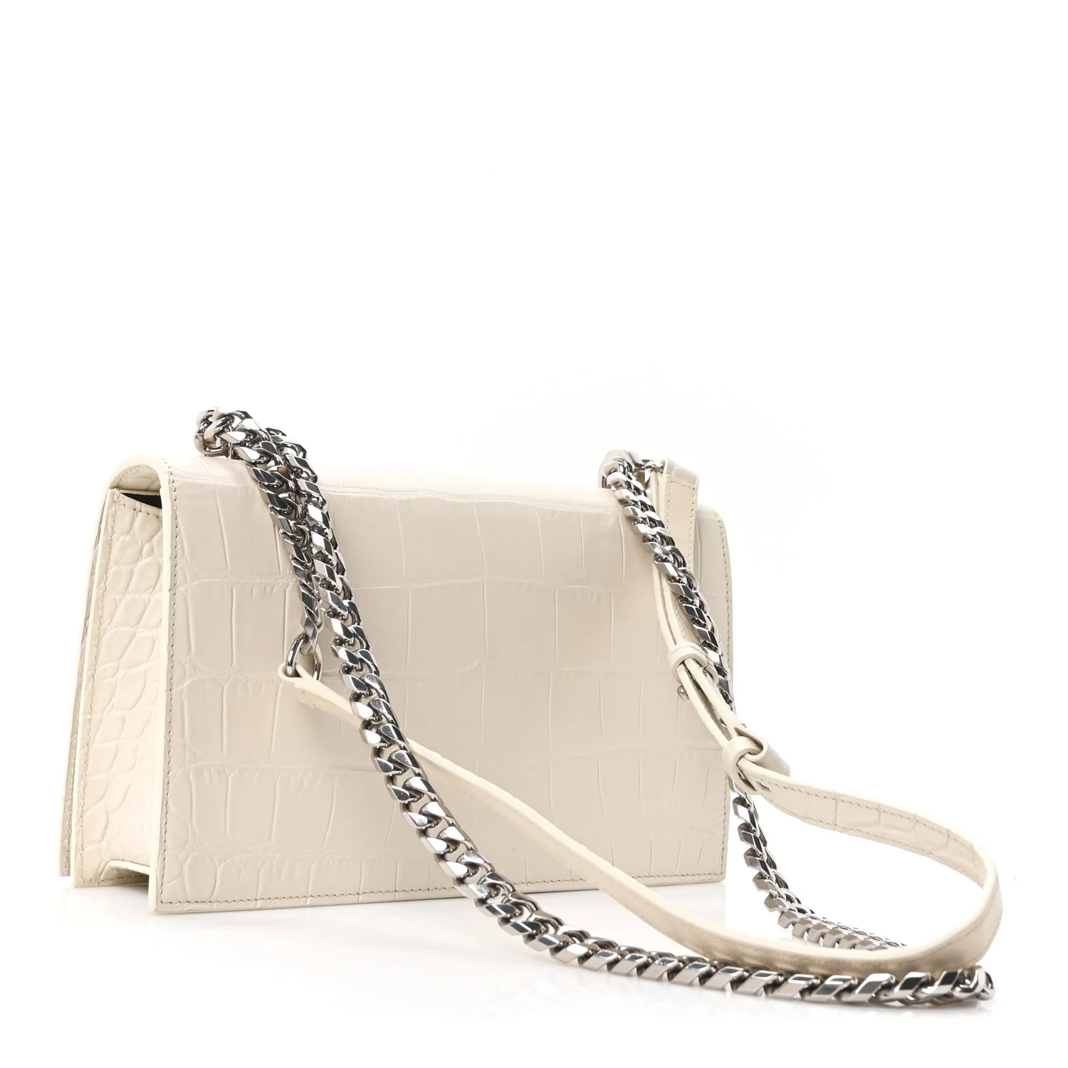 Alexander McQueen Shiny Calfskin Crocodile Embossed Knuckle Jeweled Crossbody White — view 3