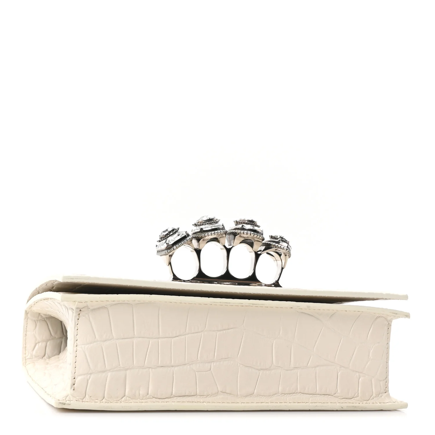 Alexander McQueen Shiny Calfskin Crocodile Embossed Knuckle Jeweled Crossbody White — view 4