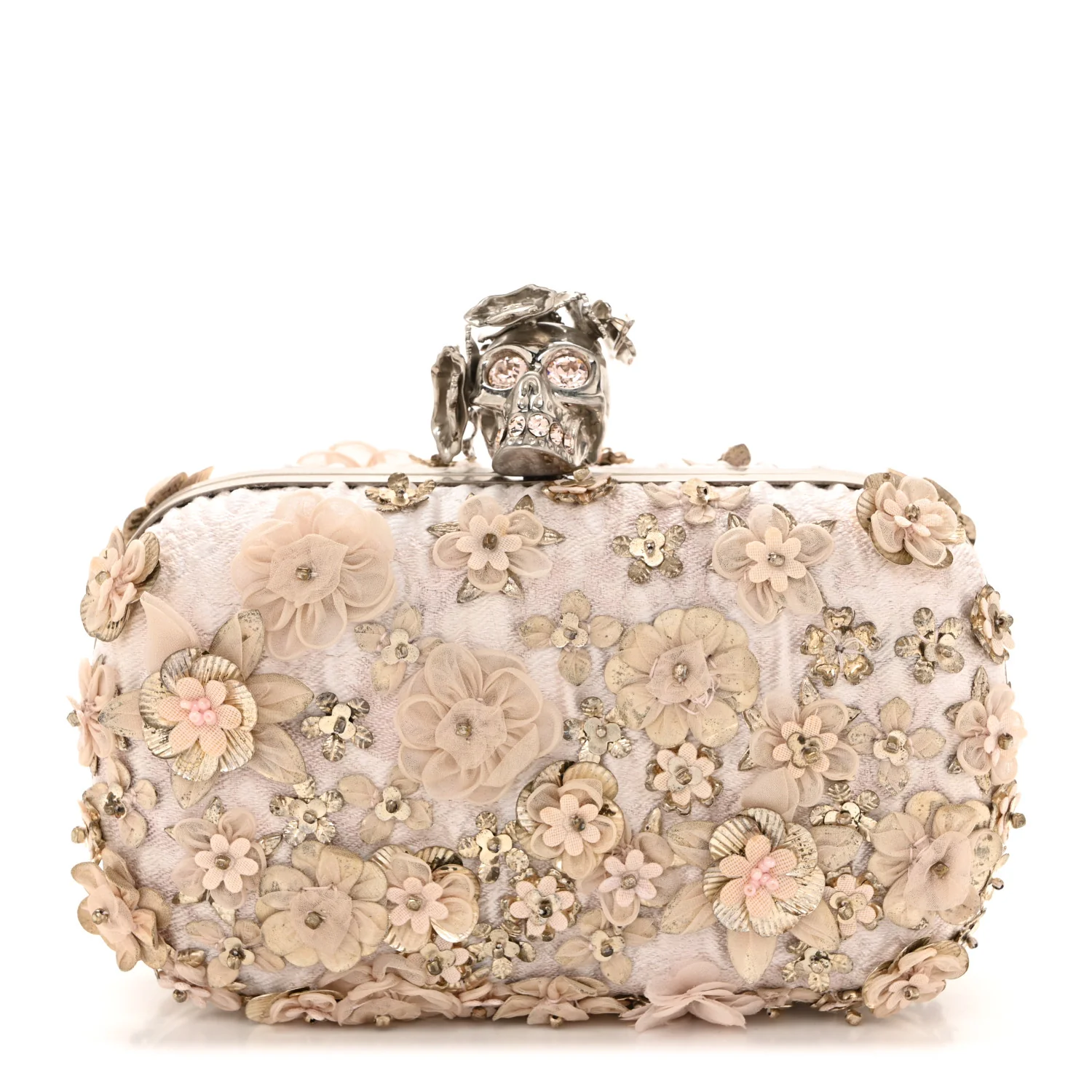 Alexander McQueen Flower Appliqued Silk Brocade Skull Box Clutch Light Pink
