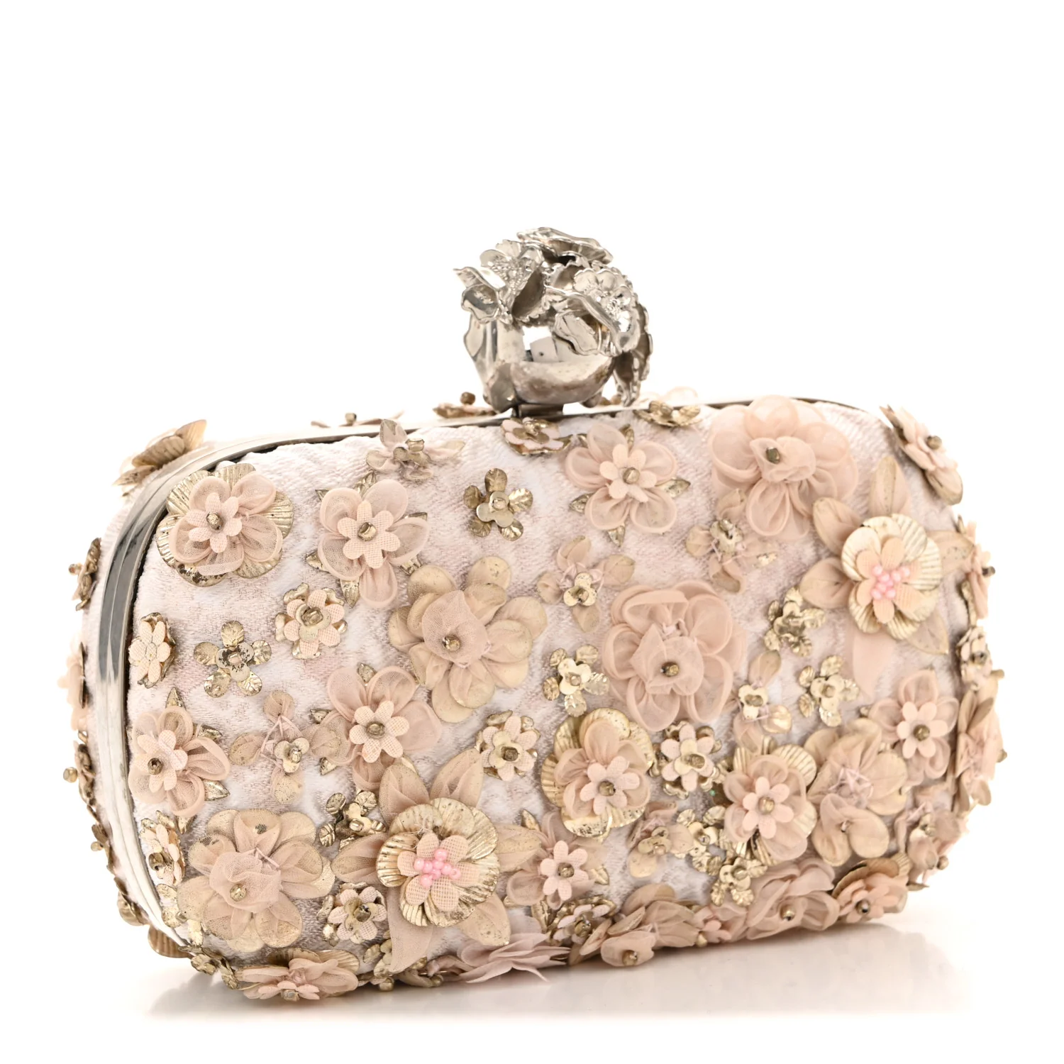 Alexander McQueen Flower Appliqued Silk Brocade Skull Box Clutch Light Pink — view 2
