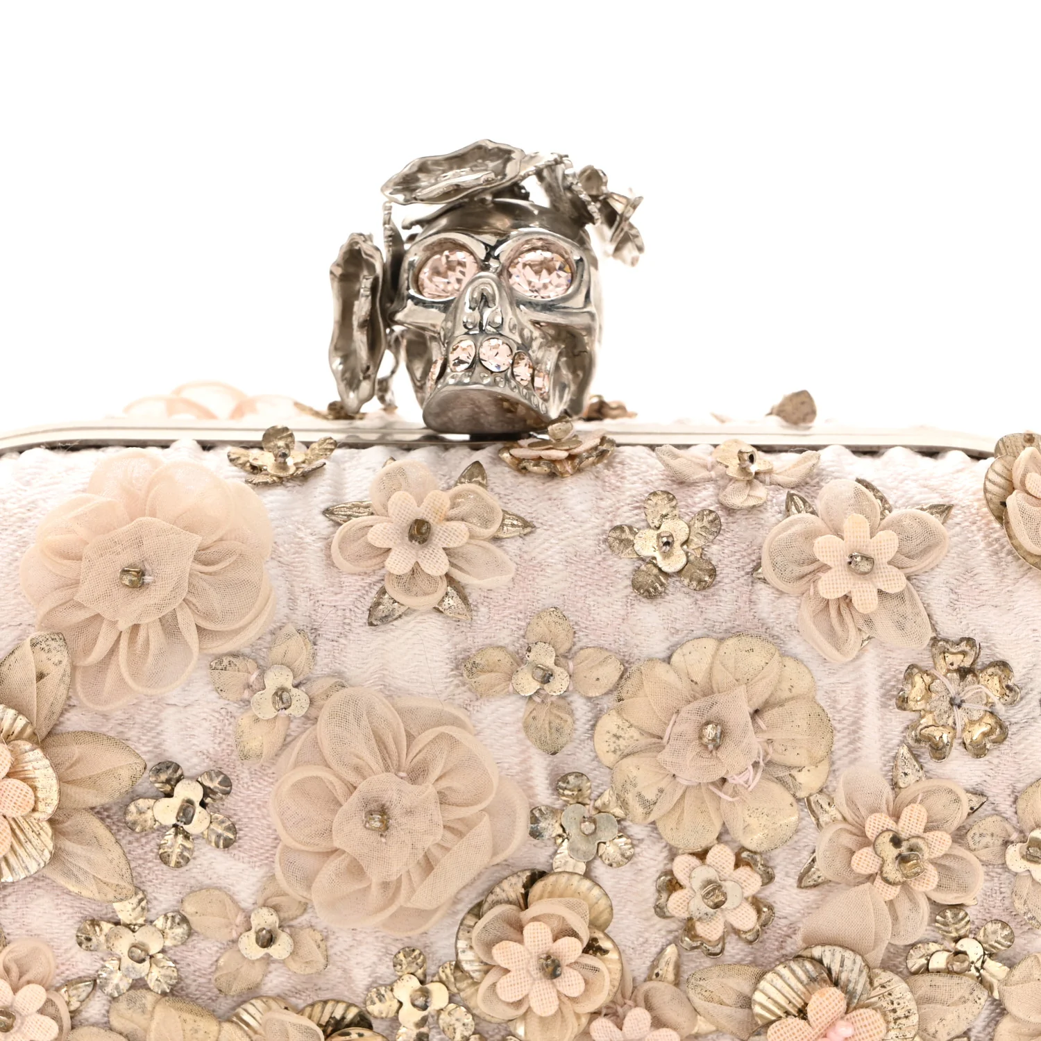 Alexander McQueen Flower Appliqued Silk Brocade Skull Box Clutch Light Pink — view 4
