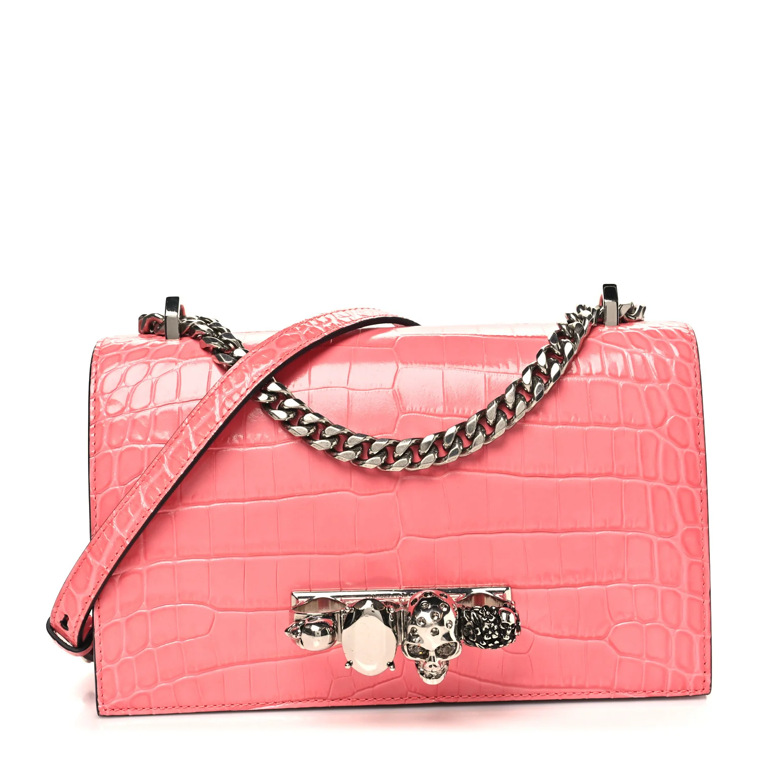 Alexander McQueen Shiny Crocodile Embossed Jeweled Satchel Pink