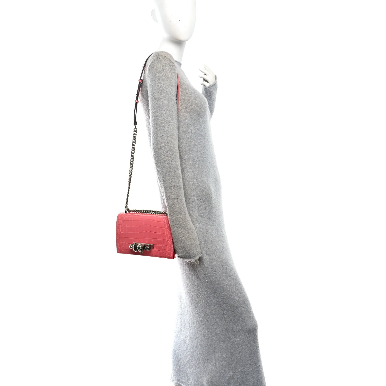 Alexander McQueen Shiny Crocodile Embossed Jeweled Satchel Pink — view 2